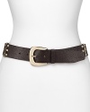 Unique hinge accents stand out on this MICHAEL Michael Kors belt, that flaunts gold-tone hardware for luxe shine around your waist.