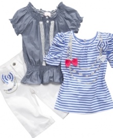 It's all about the details! Dress her up in sparkles and bows with this three-piece shirts and capri set from Nannette so she can shine like the star that she is.