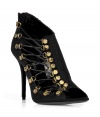 Edgy-meets-luxe with these downtown-ready canvas booties from celeb-favorite Parisian label Balmain - Asymmetrical tie-up side detail with gold-tone hardware and leather laces, open toe, stiletto heel, back zip closure - Pair with leather paneled leggings, an oversized blouse, and a draped front jacket