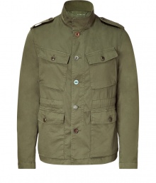 Stylish jacket in fine, olive cotton stretch blend - A softer, lighter weight take on the classic military parka - Stand-up collar, epaulets and full-length button placket - Oversize flap pockets at chest and hips - Chic and utilitarian, a perfect blend of rugged and refined - Pair with jeans, chinos, or casual trousers