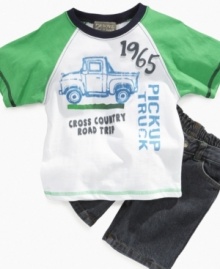 Keep on trucking. Get him through the day in comfort with this graphic t-shirt and short set from Nannette.