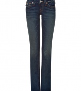 With Western-inspired details, these stylish distressed jeans from True Religion will amp up your casual basics - Classic five-pocket styling, whiskering, decorative back flap pockets with logo detail, belt loops - Straight leg, slim fit - Style with a blouse and blazer or a worn-in tee and a leather jacket