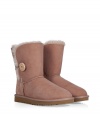 A stylish twist on a venerable classic, the UGG Australia Bailey Button boot is a welcome addition to your cold weather casual wardrobe - Crafted from twin-faced sheepskin, exposed seams, reinforced heel, traction outsole, signature UGG label, wooden button with elastic band closure, fleece-lined for superior warmth and comfort - Traditional mid-calf height - Truly versatile, perfect for pairing with everything from skinny jeans to yoga pants to miniskirts