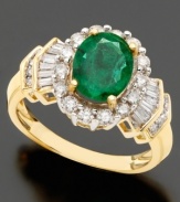 Cultured elegance. This ring features oval-cut emerald (1-1/5 ct. t.w.) and baguette-cut diamond (5/8 ct. t.w.) set in 14k gold.