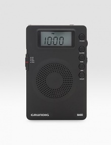 A handheld clock/radio is the ideal carry-along for travel, camping or a day at the beach. AM/FM stereo tuner with shortwave band Analog tuner with digital display Clock, sleep timer and alarm function Headphone jack Telescopic antenna Uses 3 AAA batteries (not included) 2¾W X 4¼H X ½D Imported