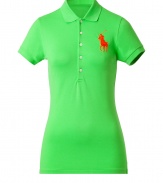 Detailed in breathable cotton stretch mesh, Ralph Laurens big pony polo is a cool modern take on this iconic style - Small collar, button placket, short sleeves, oversized shiny orange embroidered polo player at chest, slit sides, high-low hemline - Slim fit - Wear with your favorite jeans and just as bright loafers