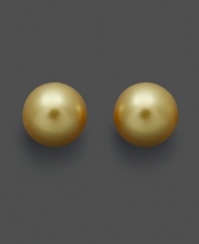 Drops of gold will add a warm glow to your look. Stud earrings feature gold south sea pearls (9-10 mm) set in 14k gold. Approximate diameter: 1/3 inch.