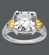 Stunning with a hint of summer inspiration. Arabella's statement-making ring highlights an emerald-cut white Swarovski zirconia (8-3/4 ct. t.w.) with trilliant-cut yellow cubic zirconias at the sides (1-1/2 ct. t.w.). Crafted in sterling silver. Size 7.