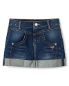 From GUESS, the cuffed denim skirt with classic jean styling and a logo detail at front and back pockets.