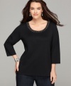 Let your casual look shimmer with Style&co.'s three-quarter sleeve plus size top, enhanced by an embellished neckline-- it's an Everyday Value!