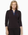 Lauren Ralph Lauren's breathable cotton mesh plus size polo shirt exudes preppy style with a plaid-trimmed snap placket and chic embroidered crest.