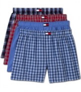 An all-American basic, the all-cotton boxer short, here from Tommy Hilfiger in a four-pack wardrobe of red, white, and blue wovens.