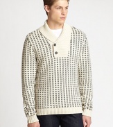 Two-button pullover sweater captures the essence of seasonal style with an allover nordic-inspired pattern. Shaped in a luxurious cotton blend, a shawl collar tops this wardrobe essential lending a touch of sophisticated charm.Shawl collarRibbed knit cuffs and hemCotton/acrylicDry cleanImported