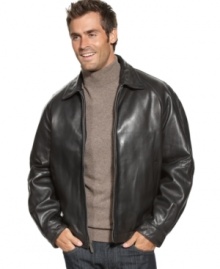 Give your outfit that final, polished touch with this handsome leather bomber jacket from Perry Ellis.