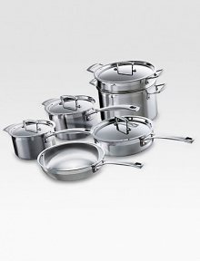 This essential collection of Le Creuset stainless steel is perfect for newlyweds or a new kitchen. Tri-ply construction with full aluminum cores provide even, all-around heat distribution while eliminating hot-spots and scorching. Set includes a fry pan, 2 QT. saucepan with lid, saucepan with lid, sauté pan with lid, pasta insert and stockpot with lid.