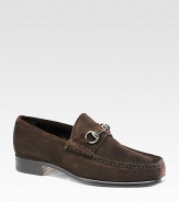 Soft suede with a silvertone horsebit accent. Leather sole Made in Italy