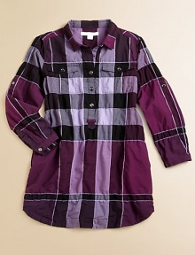 A bold check pattern and button-flap chest pockets complete this timeless woven cotton shirt dress.Pattern variesSpread collarLong sleeves with button-tab roll cuffsButton-frontButton flap chest pocketsShirttail hemCotton/nylon/elastaneMachine washImported