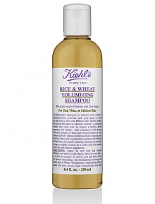 Lightweight shampoo is infused with a blend of naturally-derived proteins and poly-sugar to revive and add body to thin and lifeless hair. Kiehl's chemists have utilized the latest in haircare science -- a volumizing complex that coats hair to impart a healthy, thicker appearance and vitality -- and combined it with the long relied upon benefits of Rice and Wheat Proteins to create fullness and body without stripping hair of natural lipids.