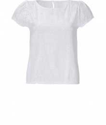 Sweet, delicate top in crisp white cotton is the perfect piece for summer fun - Romantic embroidered eyelets create a soft, feminine look that is polished but relaxed - Design features gentle scoop neck, cap sleeves and straight silhouette - Style for the office with a pencil skirt, cashmere cardigan and heels, or on the weekend with a breezy skirt, capris or cuffed denim shorts, and favorite flat sandals