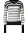 Trend favorite stripes get an optically alluring remix in Marc by Marc Jacobs tri-tone pullover, perfect for pulling together urban-cool looks - Scooped neckline, long sleeves, dropped shoulders, fine ribbed trim, slim fit - Pair with coated skinnies and edgy ankle boots