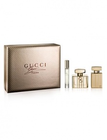 The bottle is the iconic Gucci shape and the sparkling fragrance is sophisticated, young and timeless. Top notes: Begamot and blackberry. Middle notes: Orange blossom and wild fur accord. Base notes: Patchouli and Sandalwood. Set contains: Eau de Parfum (75ml, 2.5 oz.), Body Creme (50ml, 1.7 oz.), Portable Fragrance (7.4ml, 0.25 oz.). 