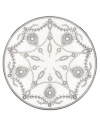 A show-stopping accent plate from Marchesa by Lenox, this Empire Pearl dinnerware wows everyone around the formal table with a bedazzling platinum pattern in indigo bone china.