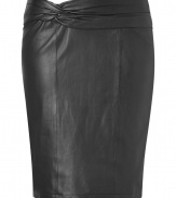 Sleek leather separates are trend-favorite must this season, and Steffen Schrauts twisted waist lambskin skirt is a super feminine choice - Hidden back zip, kick pleat, form-fitting - Pair with modern cashmere and flats for work-week sophistication