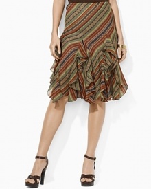 A breezy silk georgette construction is enlivened with a bold allover striped pattern.