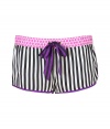 Cheeky and sweet with their mix of bold pop patterning, Juicy Coutures silky boxer shorts make a perfectly fun and flirty gift - Purple and black striped satin tie, dotted pink waistband, purple trim - Extra short - Packed up in a logo-laden box, these boxers are a seriously stylish stocking stuffer