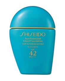 Shiseido Sunprotect Liquid Foundation SPF 42. A liquid foundation that defends against powerful UVA/UVB rays as it provides a flawless makeup finish with full coverage. Resists perspiration, water, and oil, to maintain a soft matte look on skin, even during outdoor activities. Unites optimal sun protection with skin-caring makeup. Glides on smoothly and evenly; feels non-sticky and feather-light. Contains Thiotaurine, an antioxidant that neutralizes free radicals. Very water-resistant. Recommended by the Skin Cancer Foundation as an effective UV sunscreen.Make suncare a part of your daily skincare regimen.