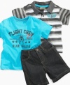 Spread his wings into fun style with this 3-piece t-shirt, polo shirt and jean short set from Nannette.