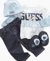 Keep your little dude dapper from head to toe with this comfortable 4-piece shirt, pant, beanie and booties set from Guess.