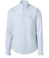 Easy, understated and classically cool, Polo Ralph Laurens striped button down is a must in any modern wardrobe - In a soft, pure blue and white printed cotton - New slim cut is more fitted through chest and torso - Small collar, cuffed sleeves and full button placket - Iconic embroidered polo pony logo at chest - Dress up with suit trousers and a blazer, or go for a more casual look with jeans and a pullover