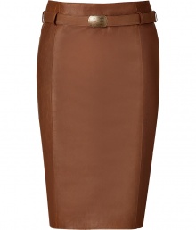 Luxurious brown washed Tuscany lamb Pembroke skirt- Make a statement in this figure-hugging pencil skirt - Stylish attached belt and back slit - Wear with a cashmere pullover and heels for updated office attire - Try with a pattern blouse and platforms