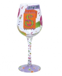 Confetti, streamers and words starting with your initial of choice make Lolita's hand-painted Love My Letter S wine glass a must for Sam, Sarah and Stephanie. With a signature drink recipe on its base.