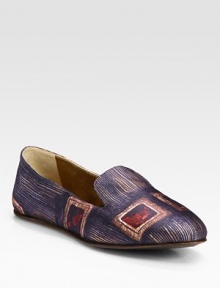 Traditional smoking slipper of fine satin takes on a vivid graphic print for superior comfort and style. Graphic-print satin upperLeather lining and solePadded insoleMade in Italy