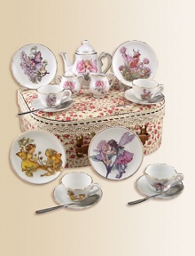 This heirloom quality children's set features a collection of Cicely Mary Barker's Flower Fairies. Each porcelain piece is hand-embellished in 22k gold. Set includes four plates, four tea cups & saucers, one tall tea pot, sugar & creamer and four stainless steel spoons all beautifully and safely stored in a fabric-lined trunk case.Beautifully gift boxed, 11.5W X 9H X 4DPorcelainPlate, 3.75DTea cup, 1.5 oz. 