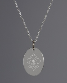 The perfect gift for the Francophile. This oval-shaped pendant features a Fleur De Lis symbol engraved on the surface. Crafted in sterling silver. Approximate length: 18 inches. Approximate drop: 3/4 inch.