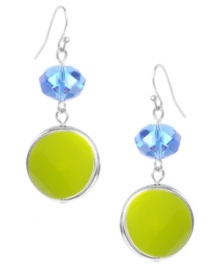 Amp up your look with this hot accessory. Haskell's bold earring style features a faceted blue bead and a green enamel disc. Set in silver tone mixed metal. Approximate drop: 2 inches.