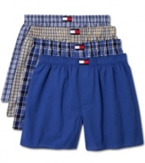 A four-pack wardrobe of cotton boxer shorts, here done in a suitably preppie array of blue-based checks and solids, from Tommy Hilfiger.