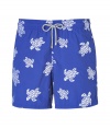 Detailed with allover embroidered stencil-effect turtles, Vilebrequins Mistral swim trunks are a fun choice for beachside looks - Waterproof elastic waistband, back flap pocket with engraved metal turtle snap, side slit pockets, back eyelets for release of water, durable drawstring cord with stainless metal aglets, interior cotton briefs - Classic slim fit - Wear in the water, or post-swim with a polo and flip-flops - Comes with a logo printed drawstring pouch