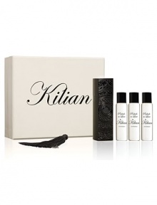 The irresistible Florentine Iris, an invitation to Love. A travel spray for men and women. A magnetic object, literally. A monolith engraved with the Achilles' shield, signature of L'Oeuvre Noire collection. As always, the travel spray is refillable, to travel with your favorite Kilian fragrance. Set of four 0.25 oz. sprays. 