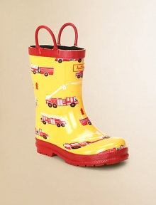 He'll love stomping in puddles when he pulls on these adorable rubber boots with a soft jersey lining, fire truck design and handles for easy on and off.Rubber upperCotton liningRubber soleImported