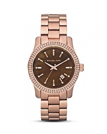 A rich, chocolate hued mother of pearl dial is framed by a crystal-embellished bezel in this luxe timepiece from MICHAEL Michael Kors.