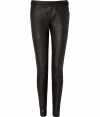 Statement-making leather pants create an edgy look - Lizard embossed black leather, side slit pockets, back pockets with exposed zippers, elasticized waistline - Extra form-fitting, slim leg - Pair with oversized printed tops and sexy ankle boots