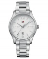 Classic, timeless style on which you can always rely. This Tommy Hilfiger watch features a silvertone mixed metal bracelet and round case. Silvertone dial with tonal stick indices, logo, date window and numerals at six o'clock and twelve o'clock. Quartz movement. Water resistant to 30 meters. Ten-year limited warranty.