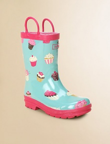 She'll love stomping in puddles when she pulls on these adorable rubber boots with a soft jersey lining, colorful cupcakes and handles for easy on and off.Rubber upperCotton liningRubber soleImported