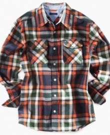 Don't be fooled by the plaid; this shirt has a lot of rugged in it too. When you want him to look a little more woods and a little less classroom, this woven from Tommy Hilfiger is just the right fit.