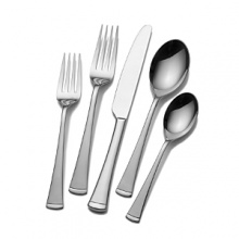 Merino flatware pattern has classic flared shape with banded detailing on the handle. Features hi-shine mirror finish and includes 8 place settings, 5 serving pieces and 8 extra teaspoons.