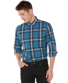 This slim fit Perry Ellis button down is a sophisticated upgrade from your regular plaid shirt.